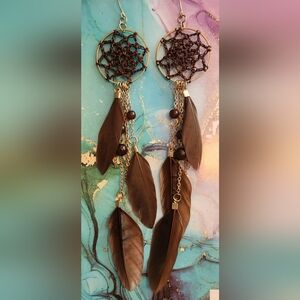 Dreamcatcher Earrings In Chocolate Brown With Feathers Beads & Chains, 7+ Inches
